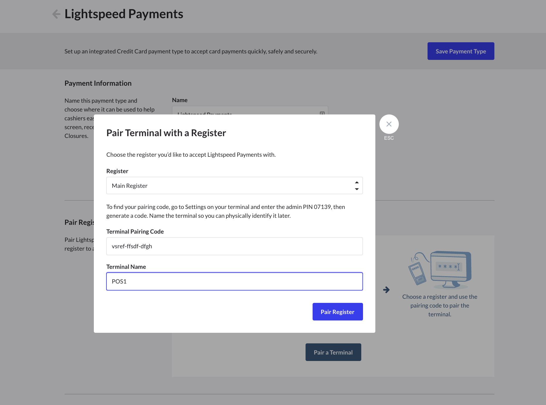 Lightspeed payments pairing screen with fields to enter the terminal pairing code and the terminal name.