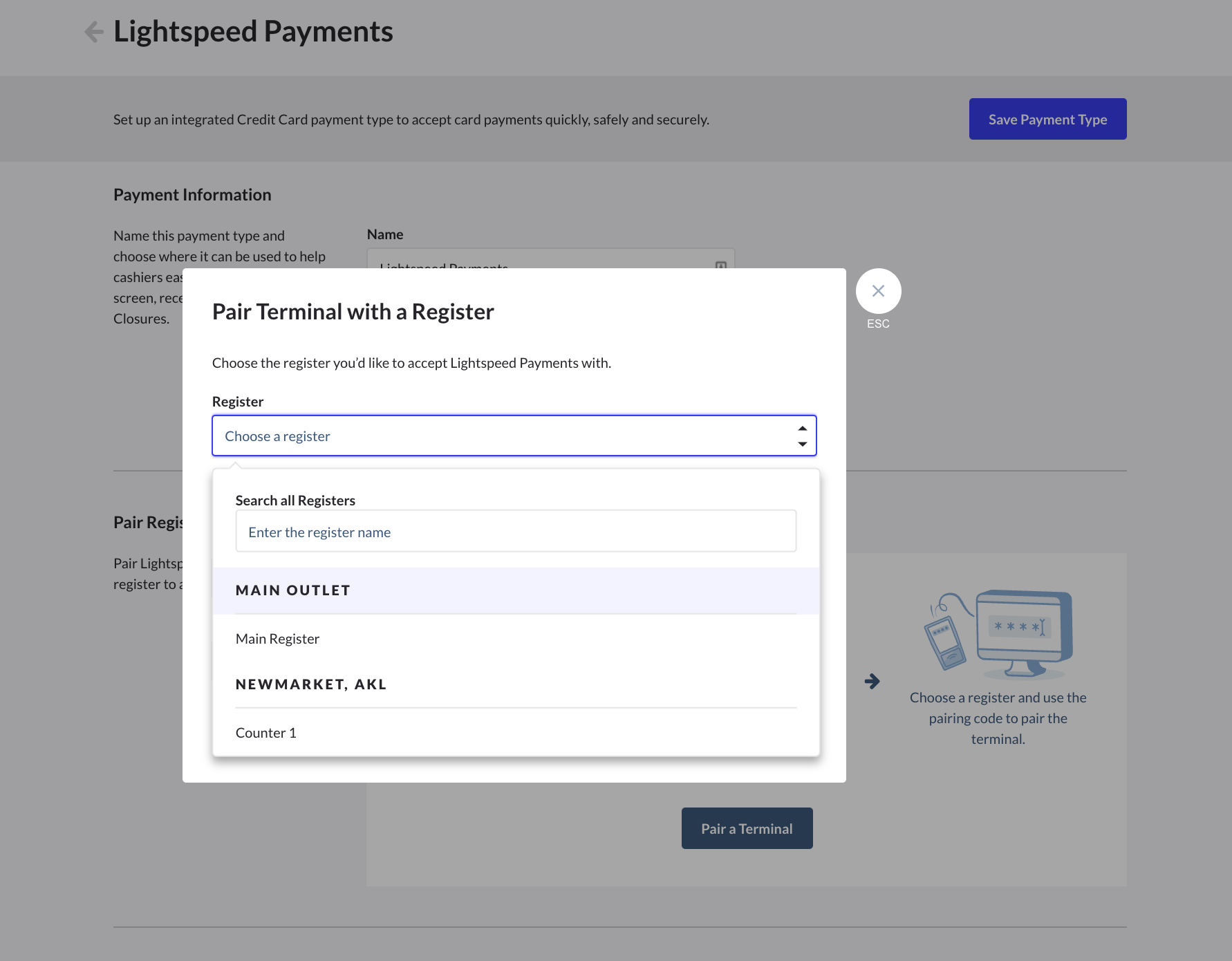 Lightspeed payments pairing screen with the choose a register dropdown highlighted.