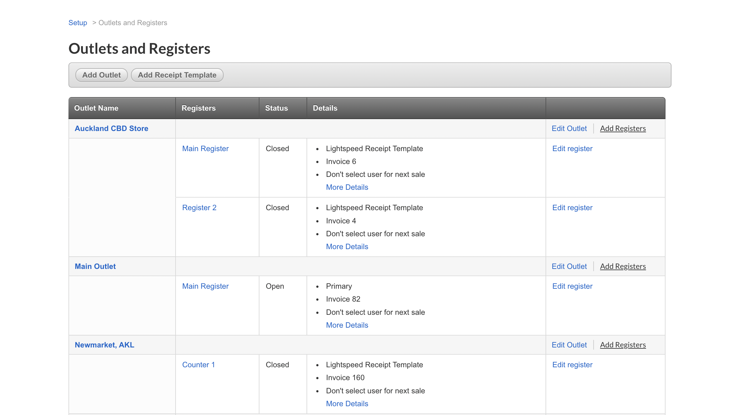 Outlets and Registers page showing a table of example outlet names, registers, status, and details.