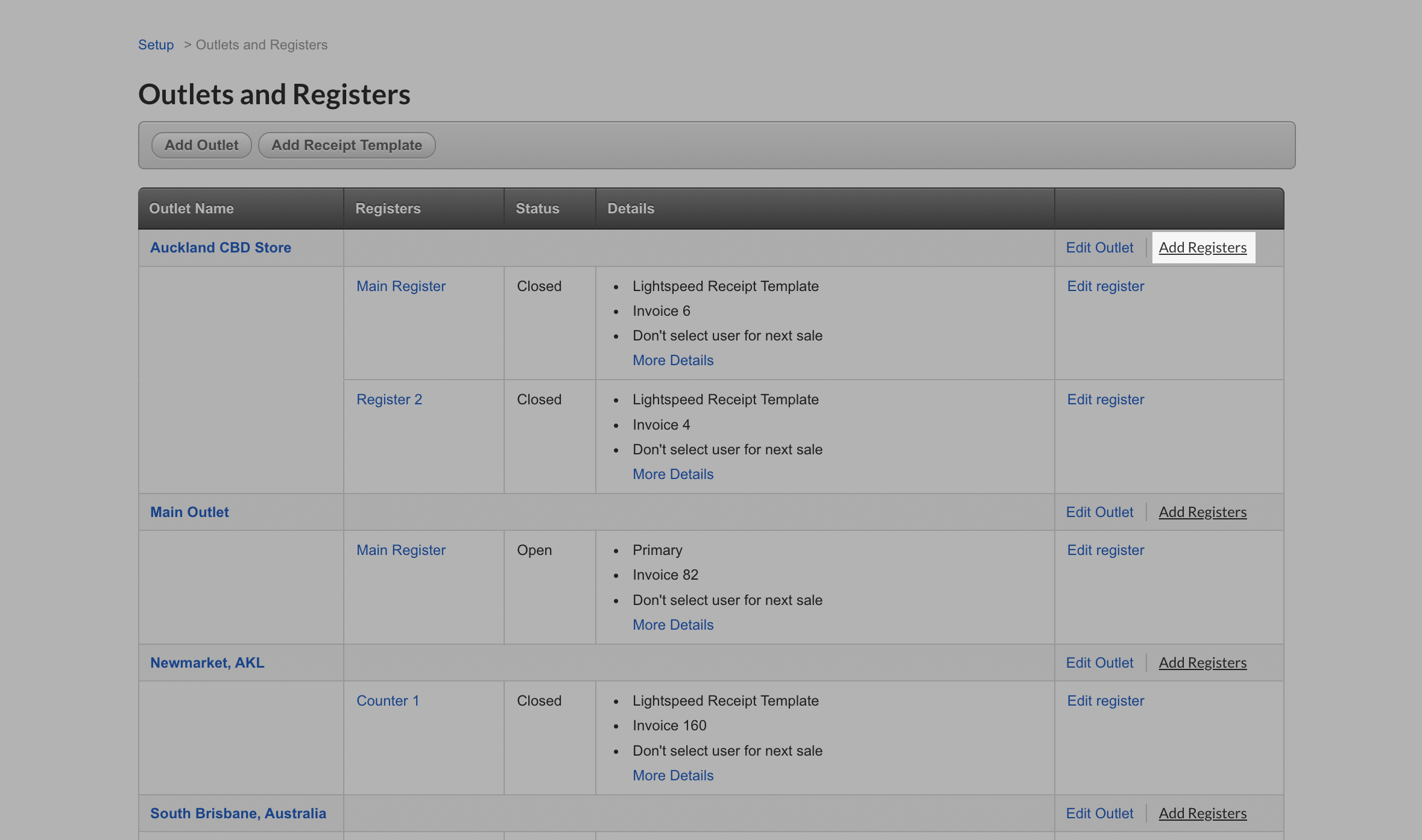 Outlets and Registers page with the Add Registers link highlighted.