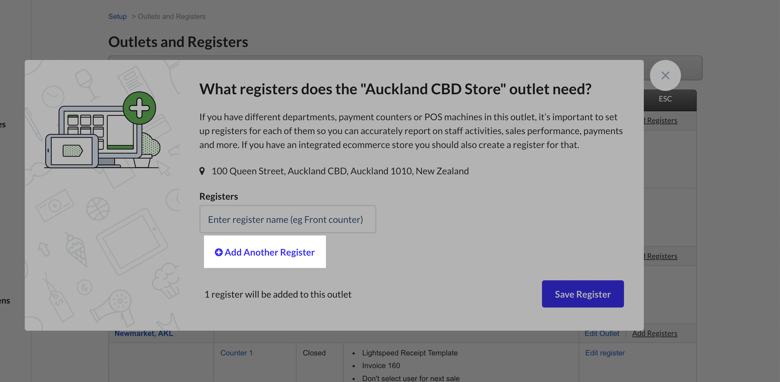 The What registers does the outlet need? pop up showing the Add Another Register button highlighted.