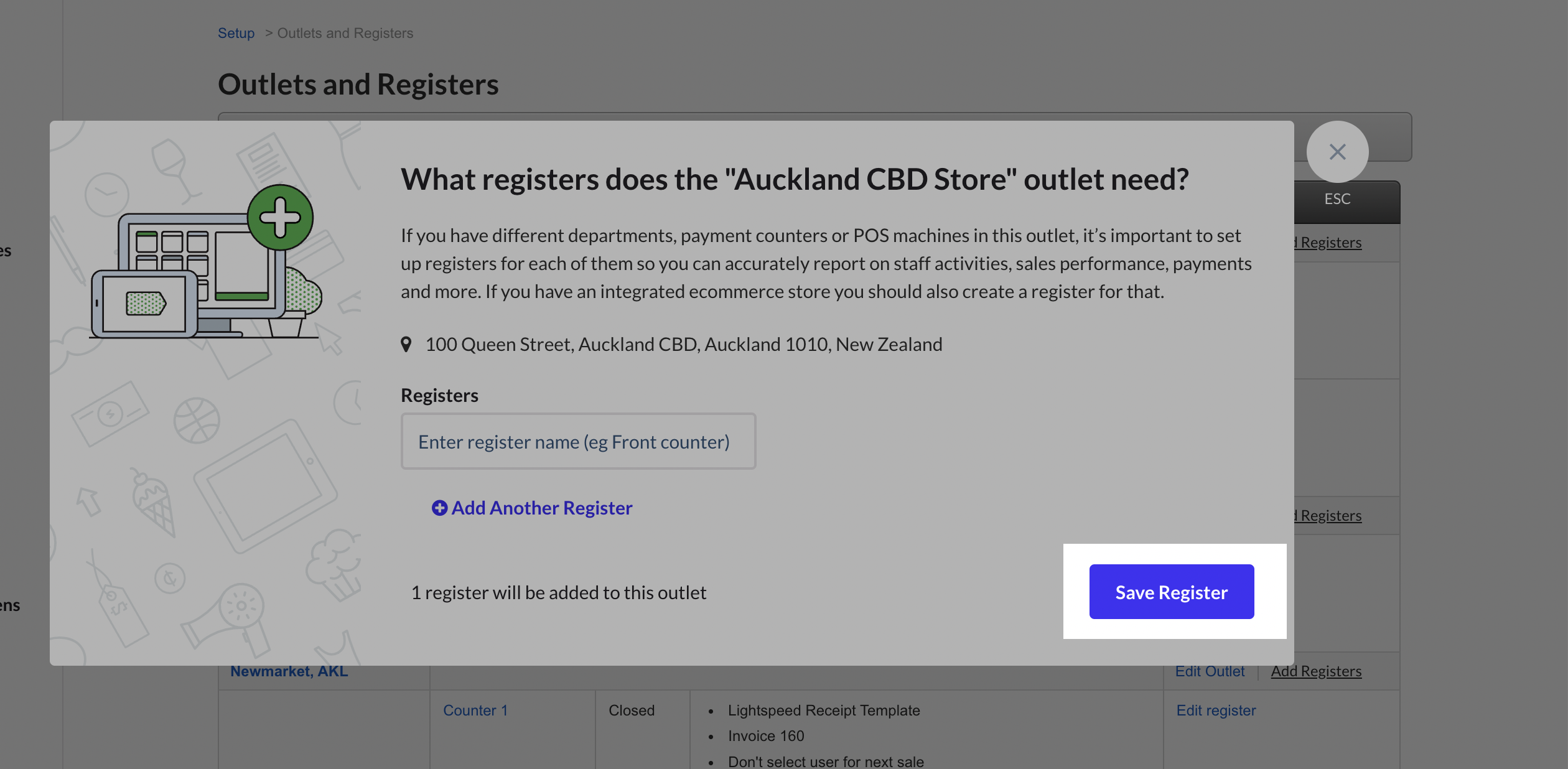 The What registers does the outlet need? pop up showing the Save Register button highlighted.