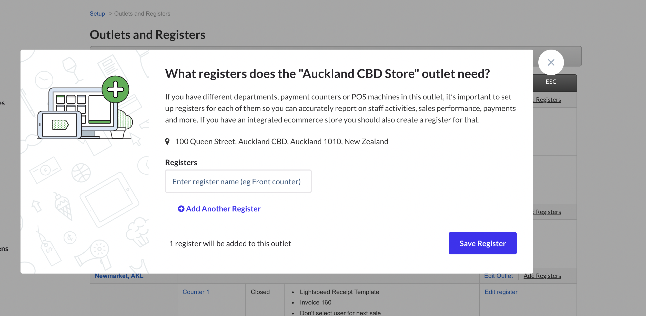 A pop up on the Outlets and Registers page asking What registers does the outlet need? with Registers input field and option to Add another register.