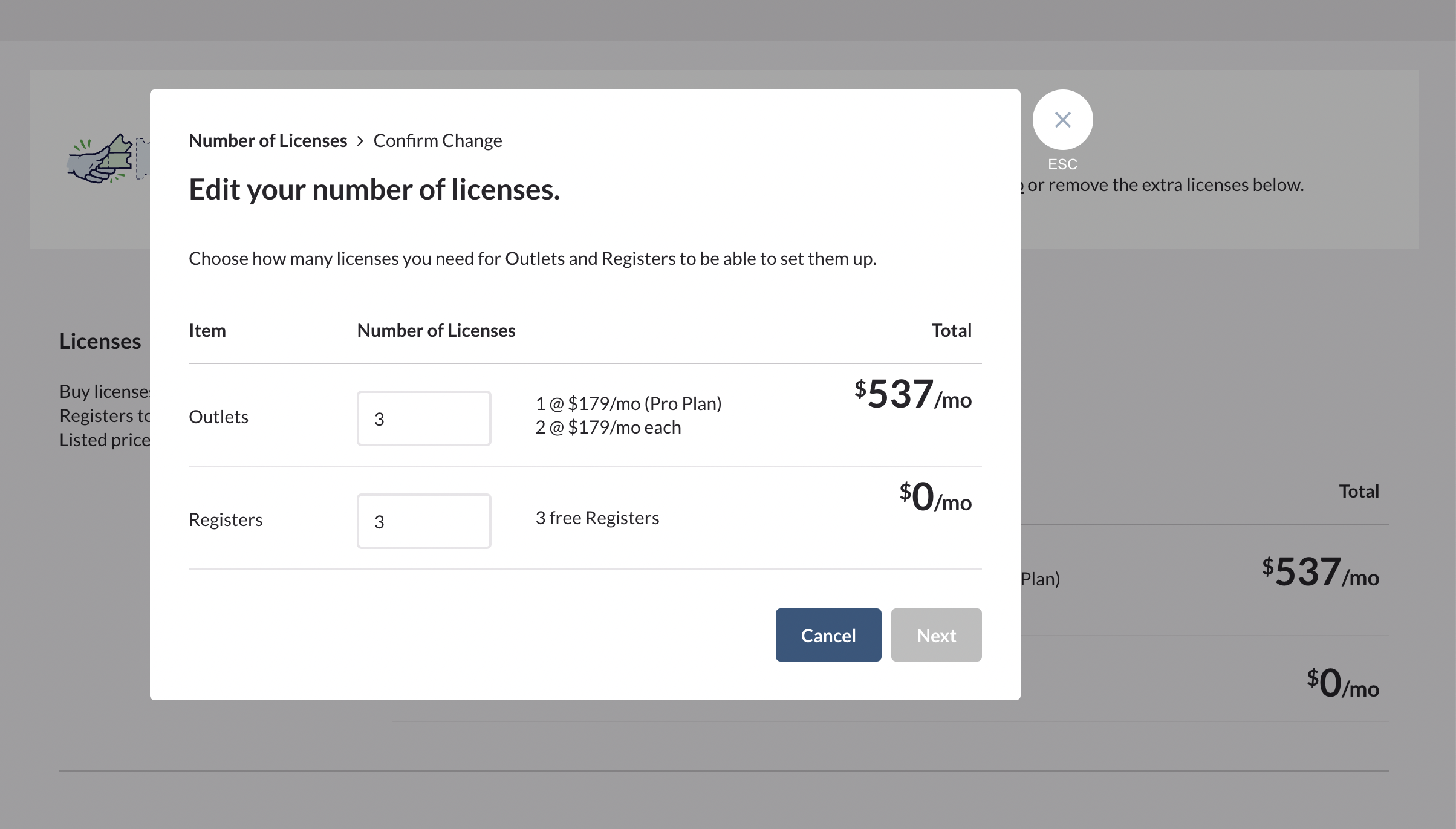 After clicking the Edit Licenses button, an Edit your number of licenses pop up comes up with input fields, pricing, and Cancel / Next buttons.