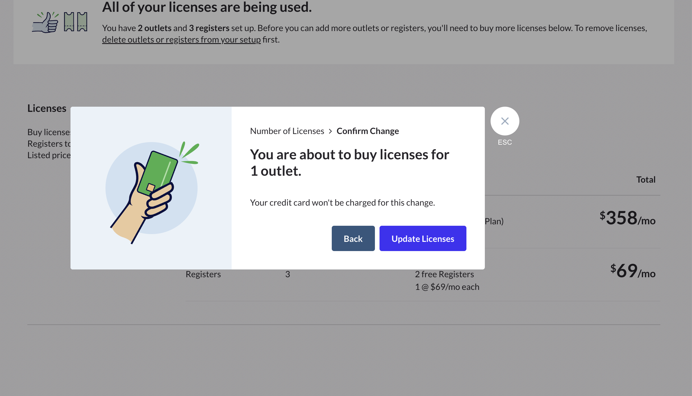 A pop up confirming You are about to buy licenses for 1 outlet with Back and Update Licenses buttons.