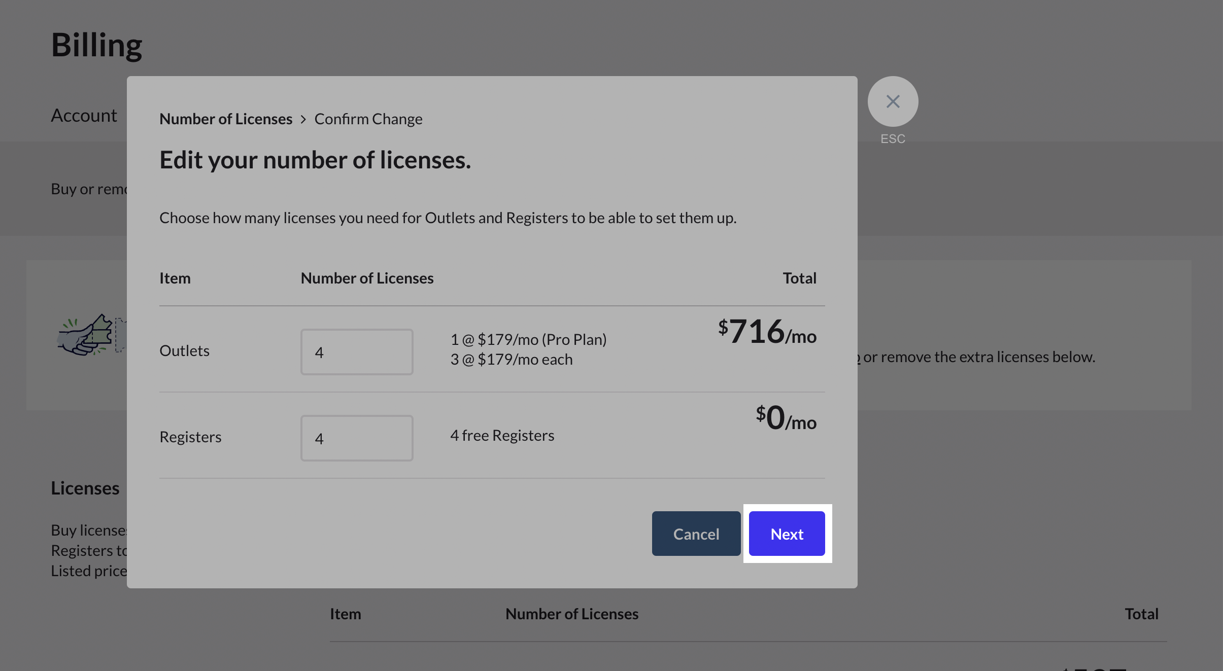 Edit your number of licenses pop up with the Next button highlighted.