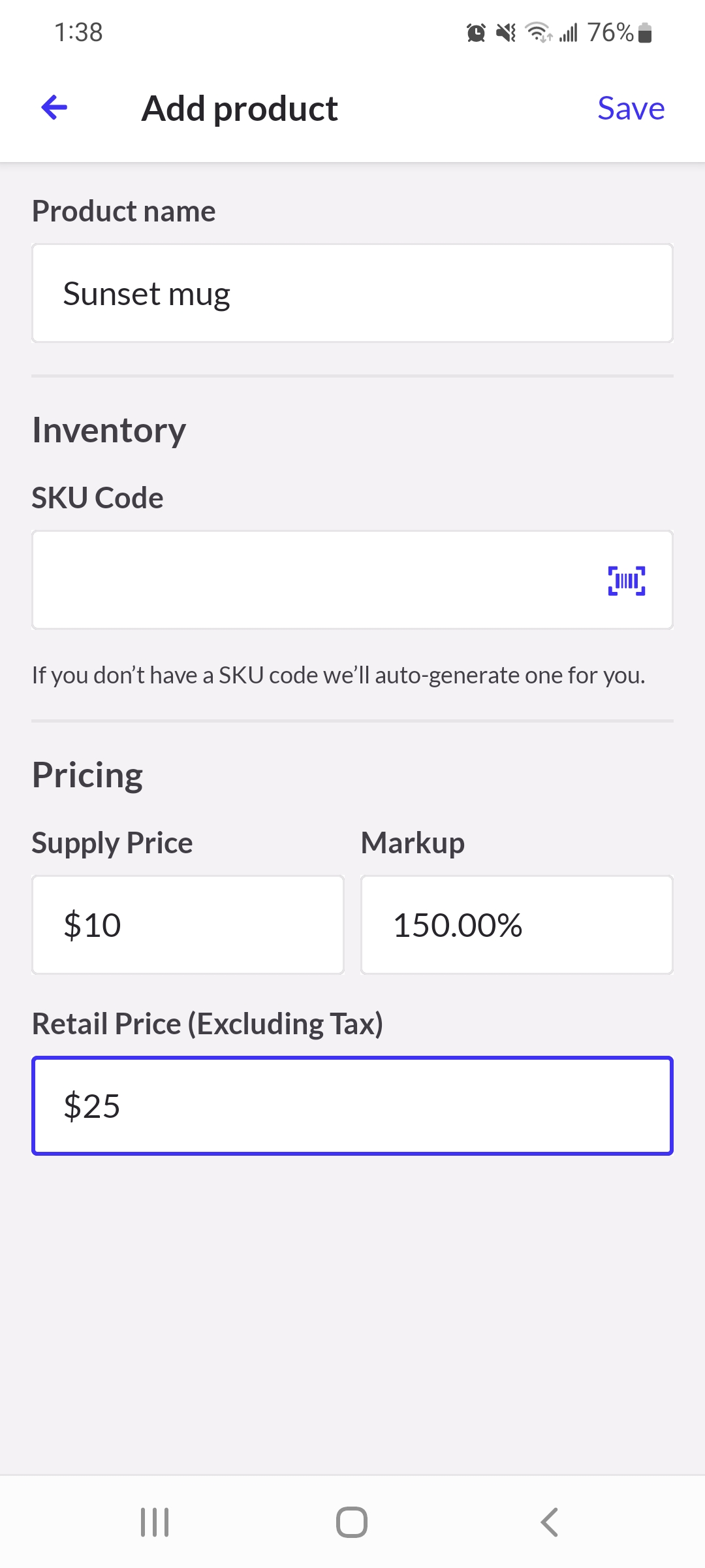 New product page with fields for name, sku, and pricing information.
