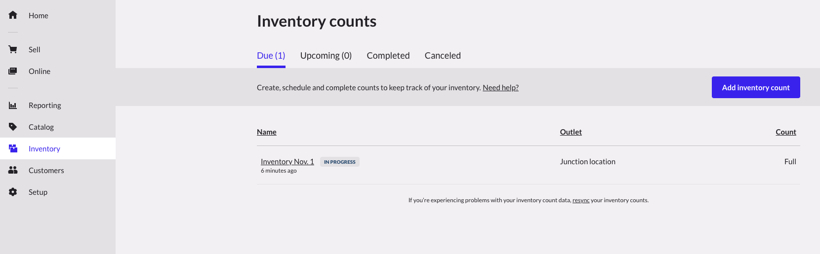 Inventory count page with list of in-progress counts to be approved.