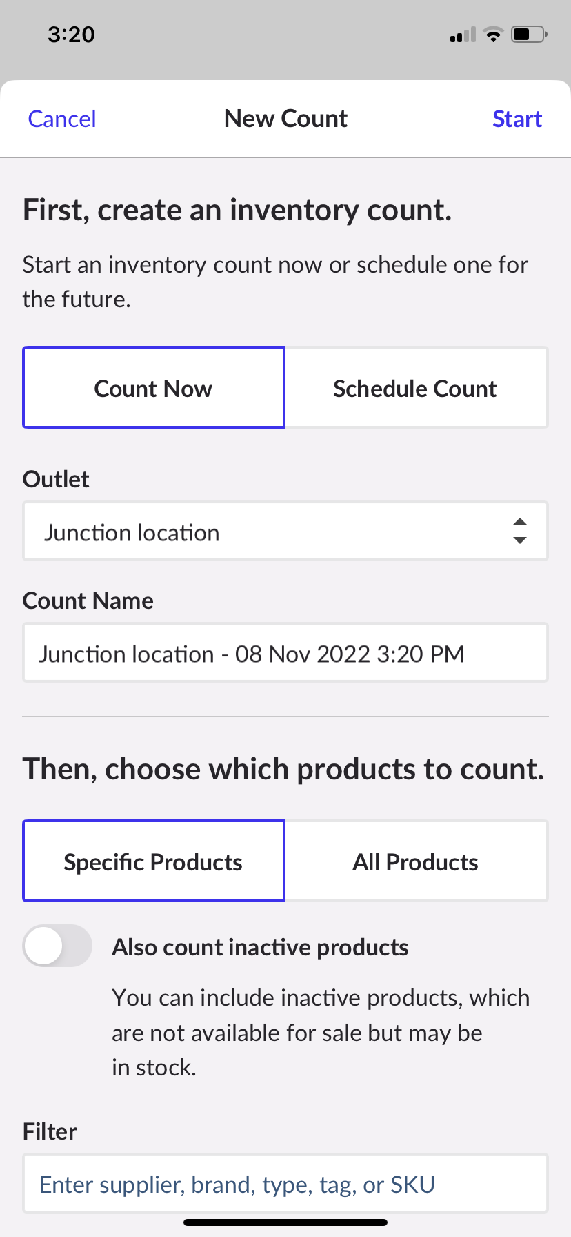New count page with options to count now or later, location, and whether to do a partial count or full count.