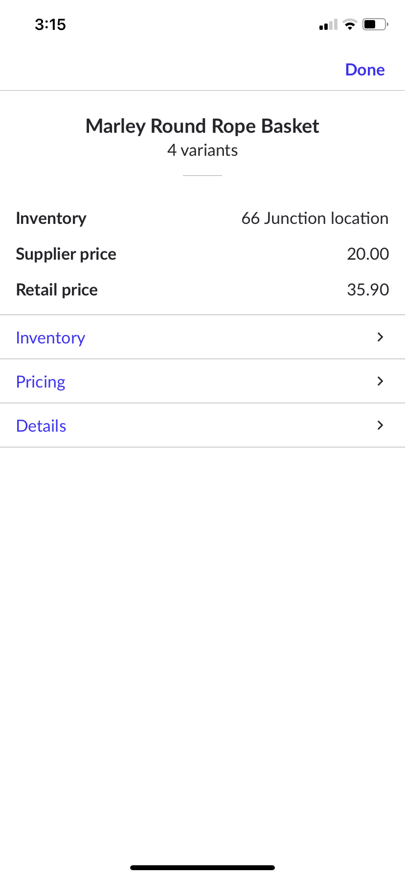 Item main page with drop down menus for product information