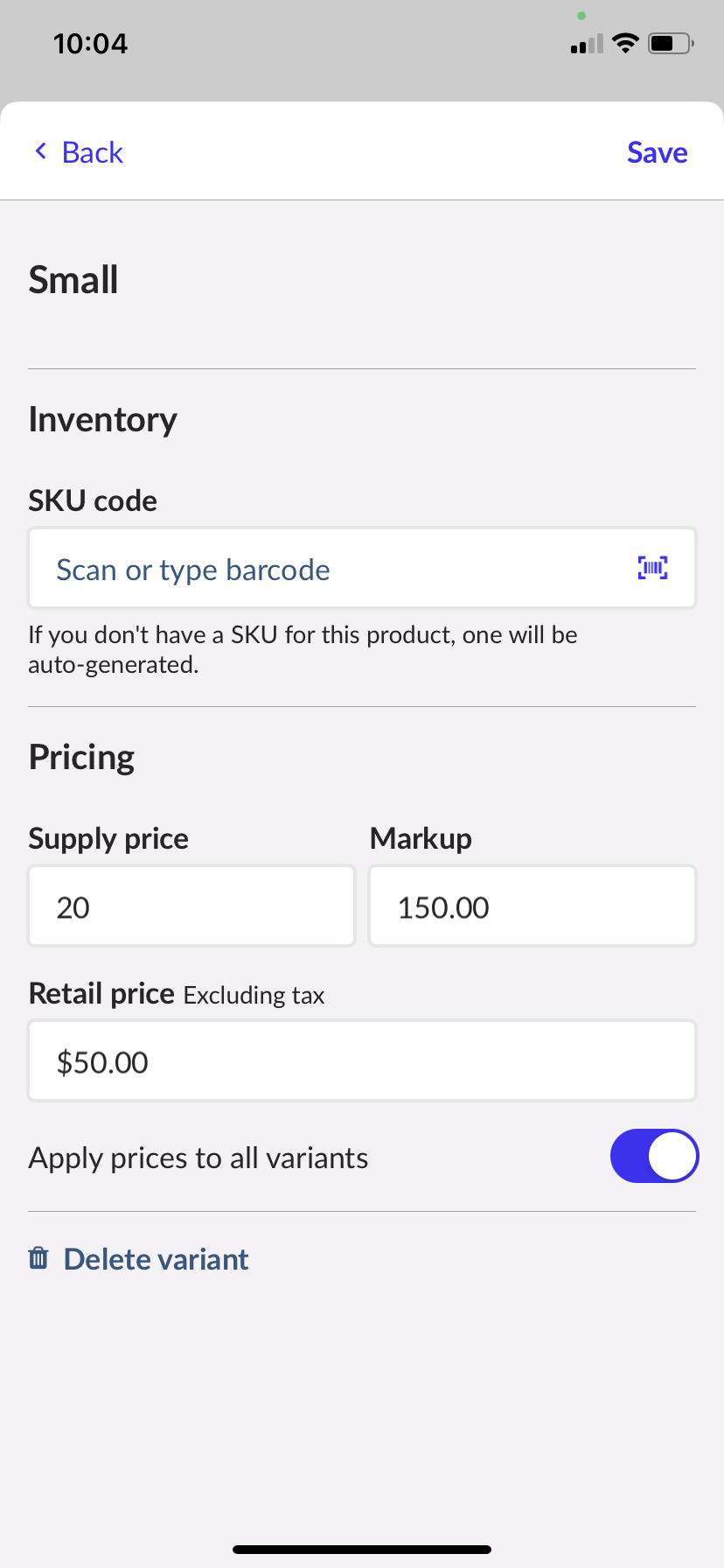 Variant details page with fields for inventory and pricing information