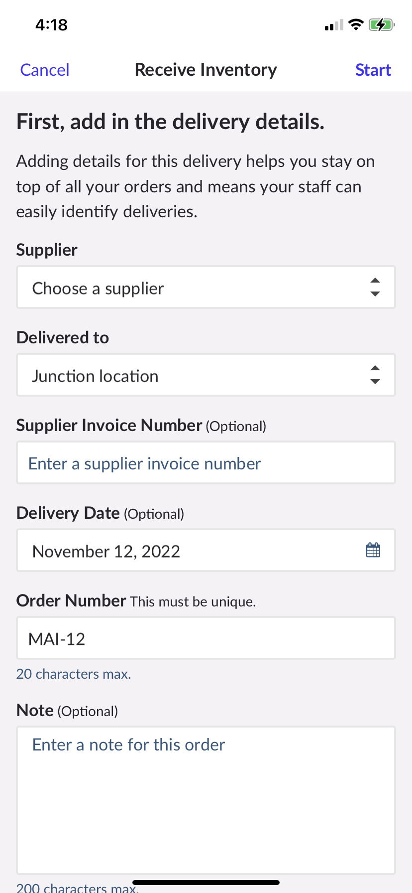 Page showing the details of a new stock order with fields to fill in information.