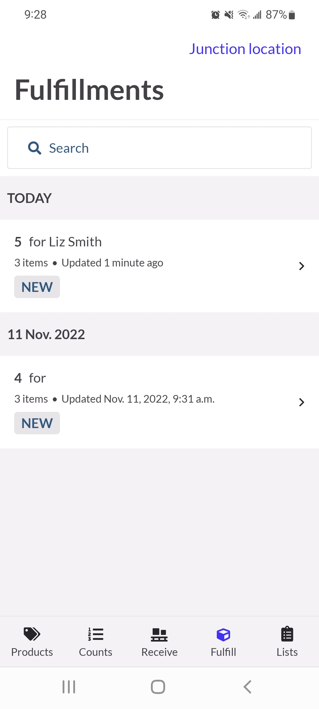 Scanner app fulfillments page with orders to be picked.