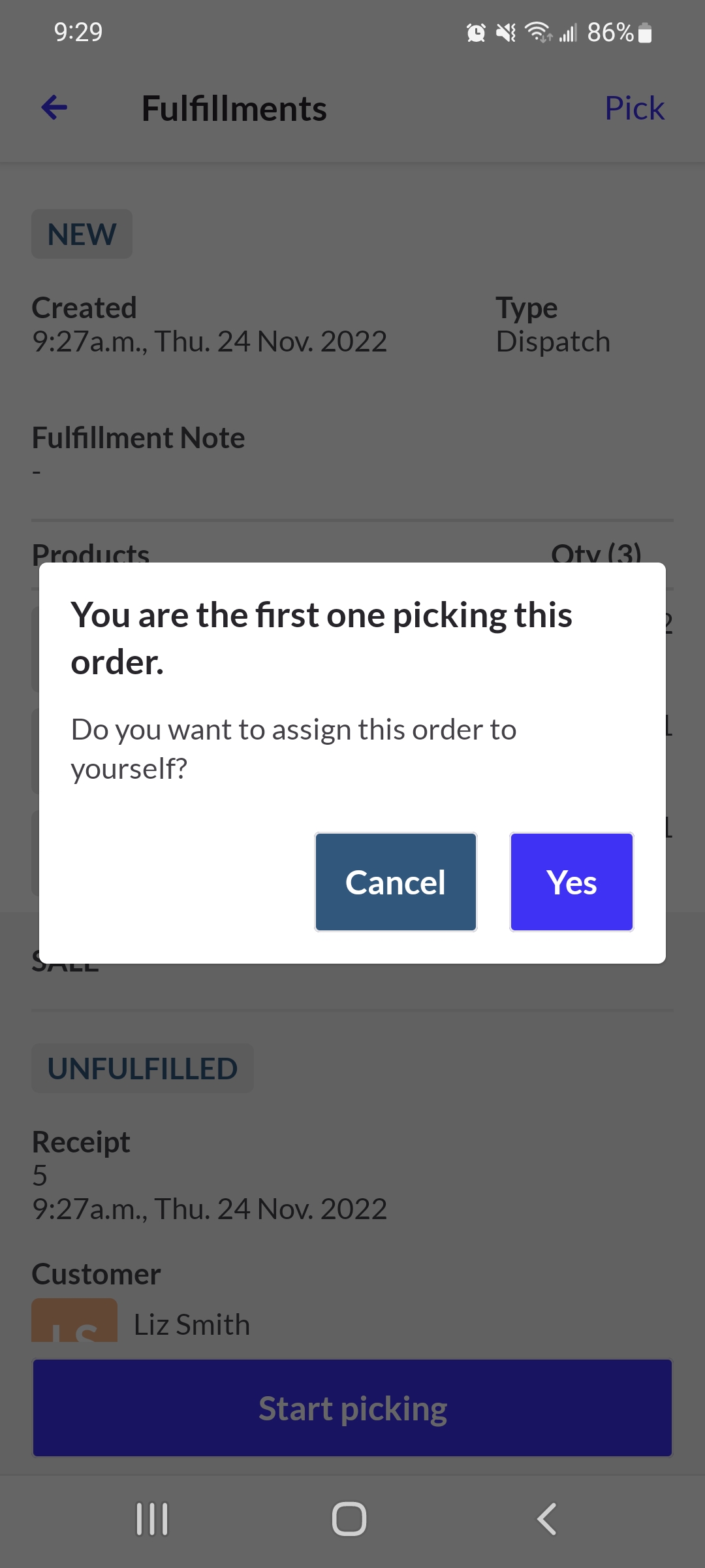 Pop up box to assign the fulfillment. Options to select yes or cancel.