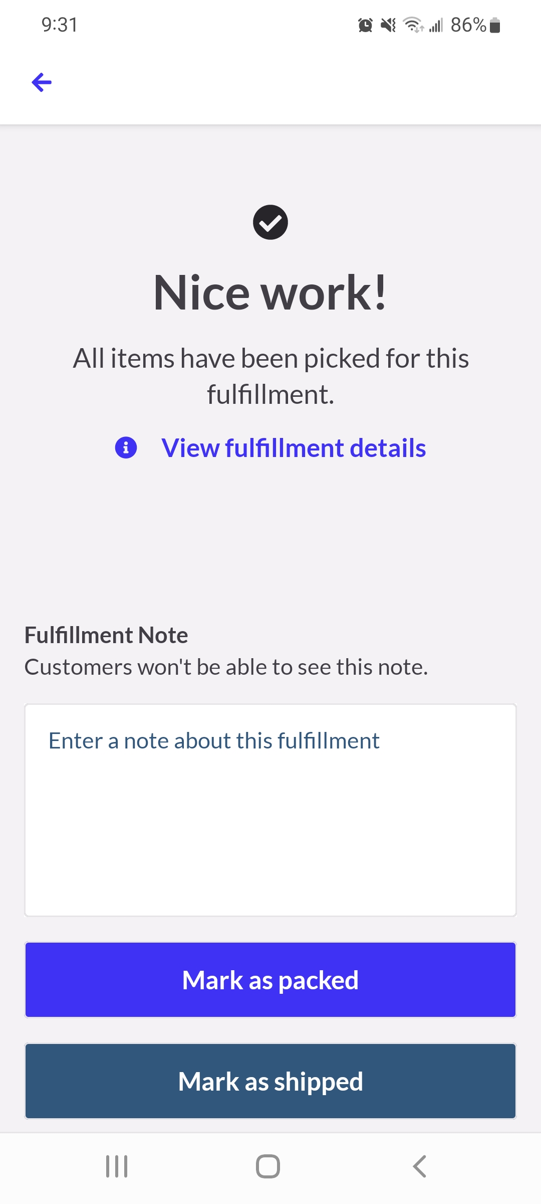 Pick completed screen. Option to click mark as packed or mark as shipped.