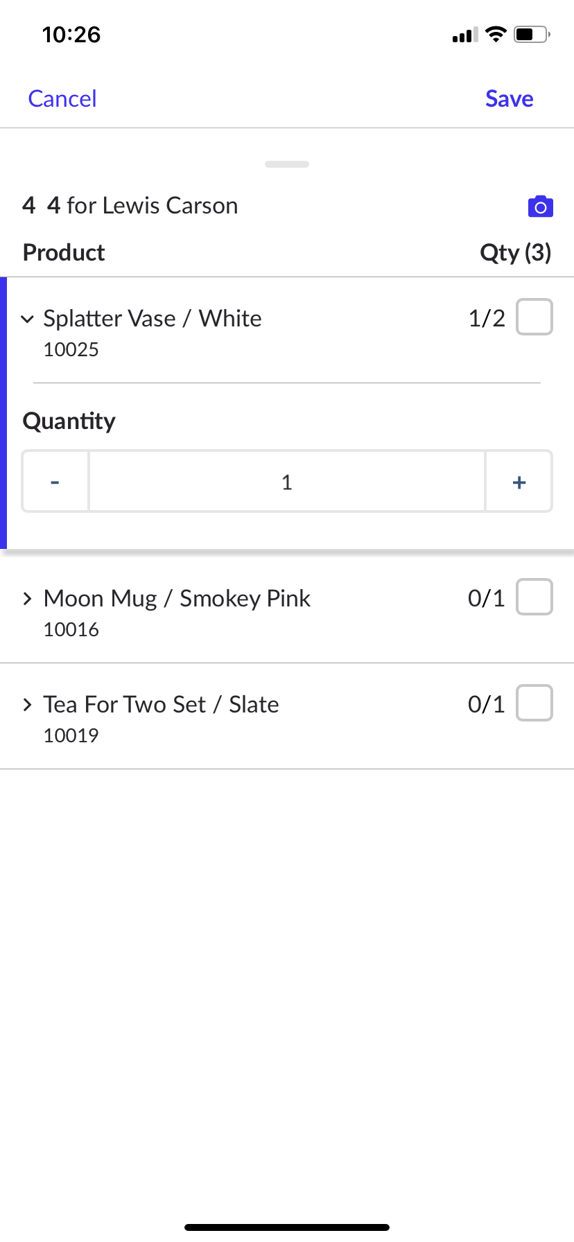 Order picking screen with camera disabled. Checkboxes are clicked beside items that have been picked.