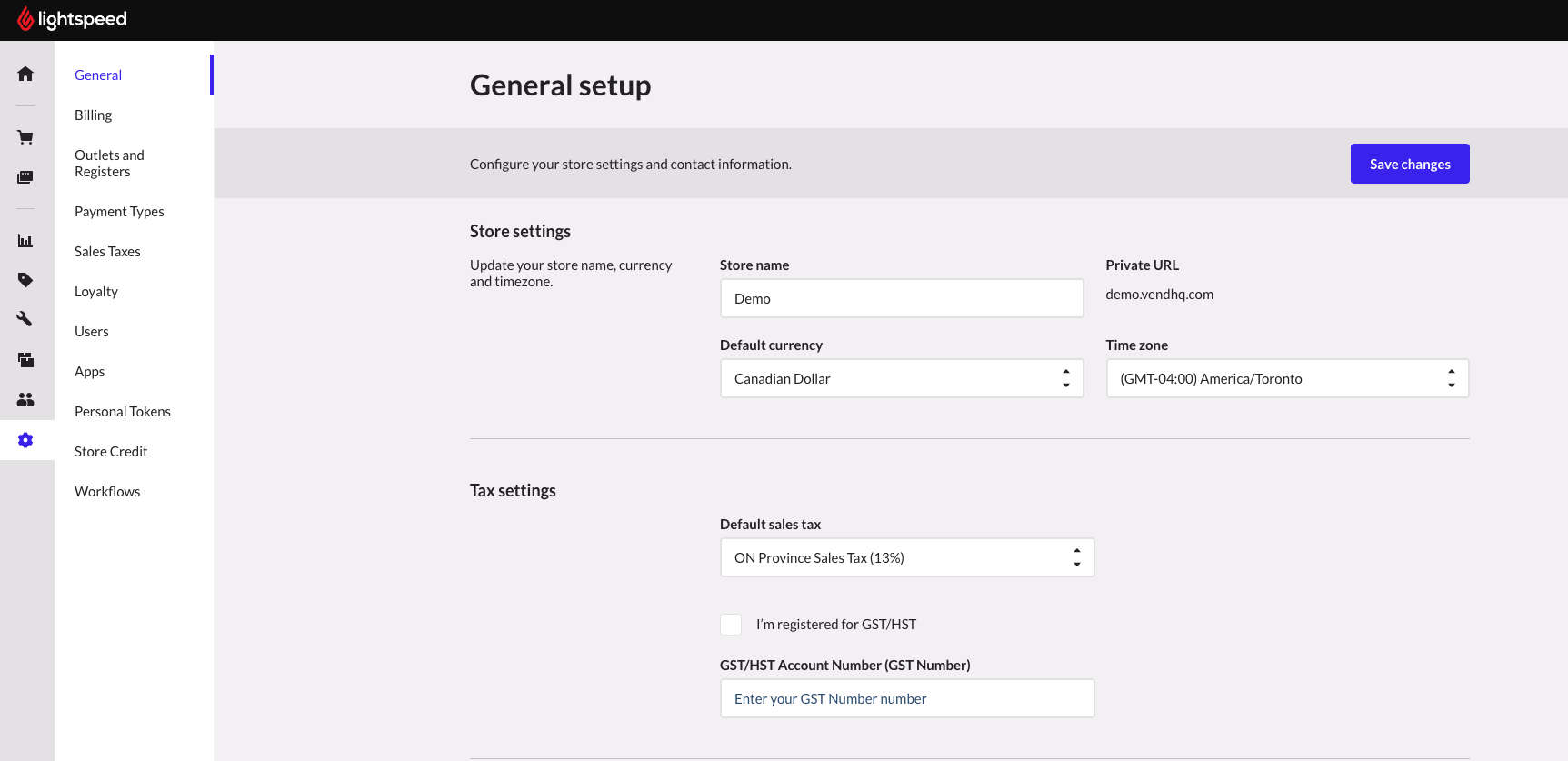 General settings page showing store settings and tax settings fields.