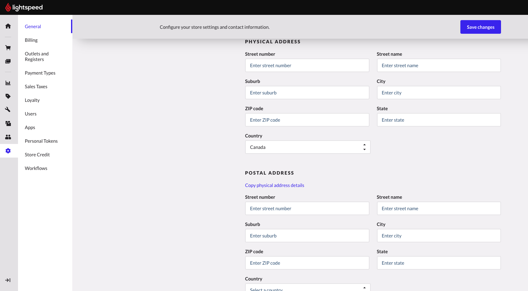 General settings page showing address fields.