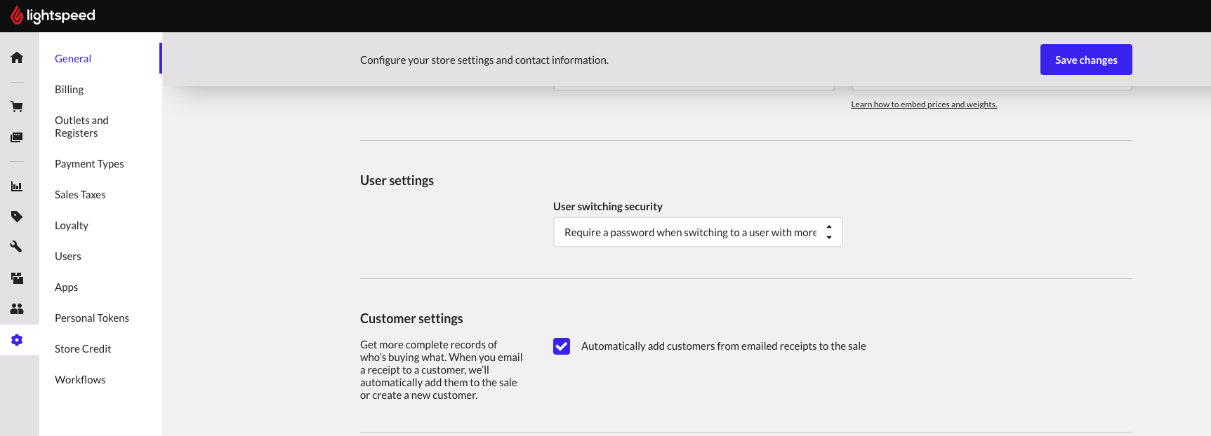 General settings page showing user switching and customer settings fields.