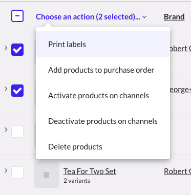 Choose an action dropdown with print labels highlighted.