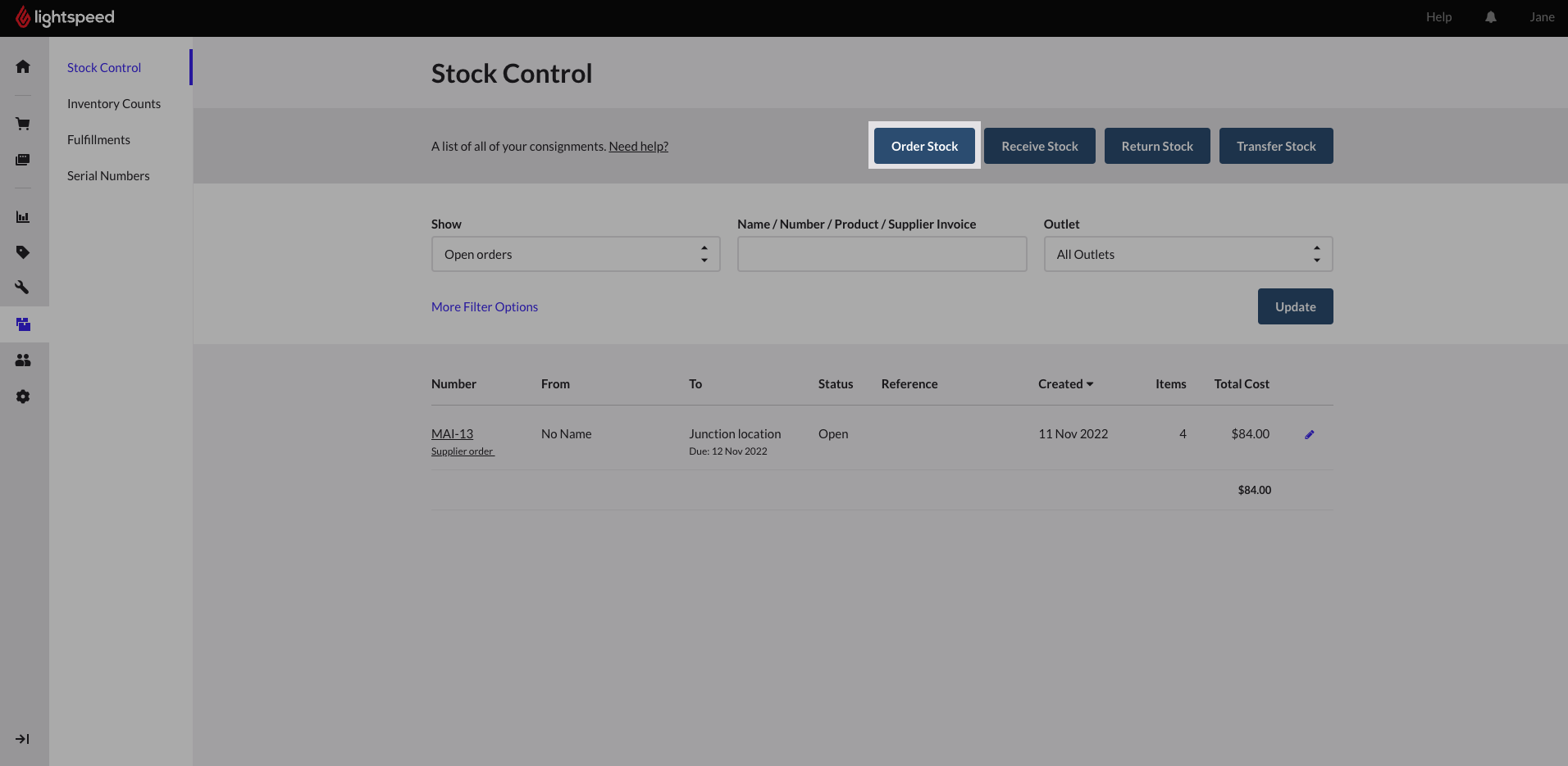 Gestion des stocks page with Commander des stocks button highlighted.