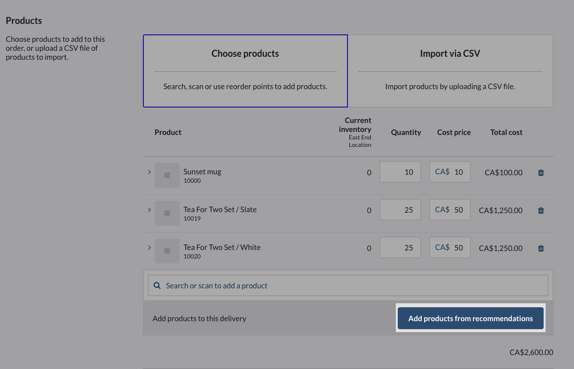 Choose products option selected with add products from recommendations button highlighted.