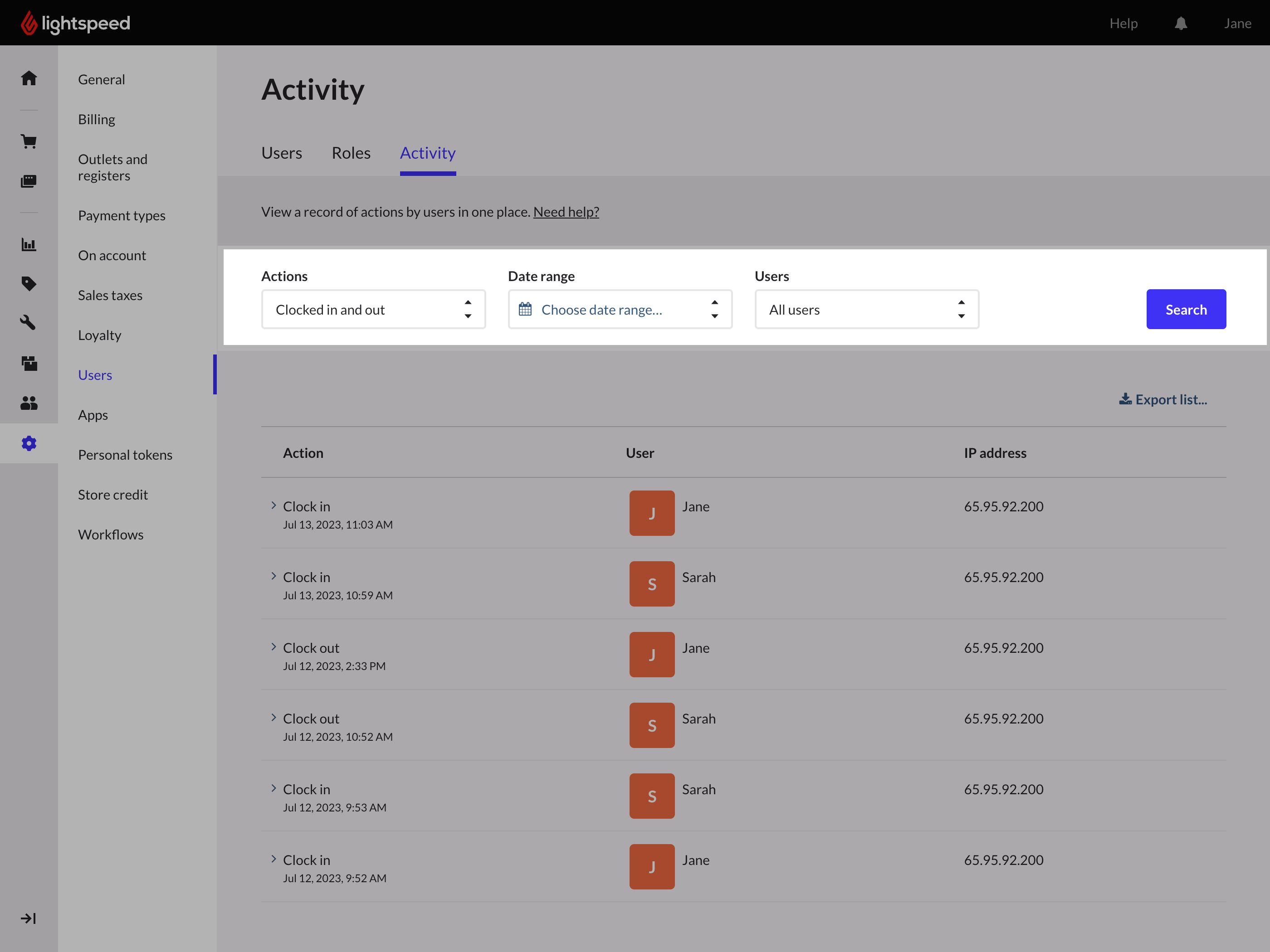 Activity tab in the users page showing clocked in and out filter.