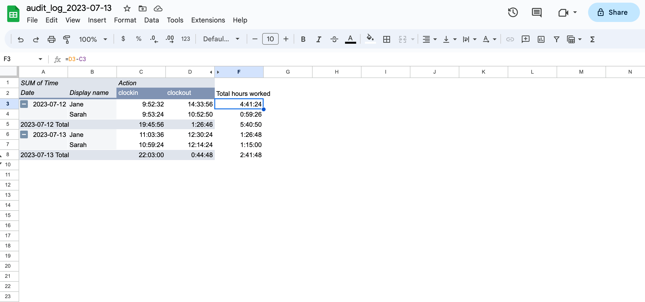 Google sheets page with formula for calculating total hours worked displayed.