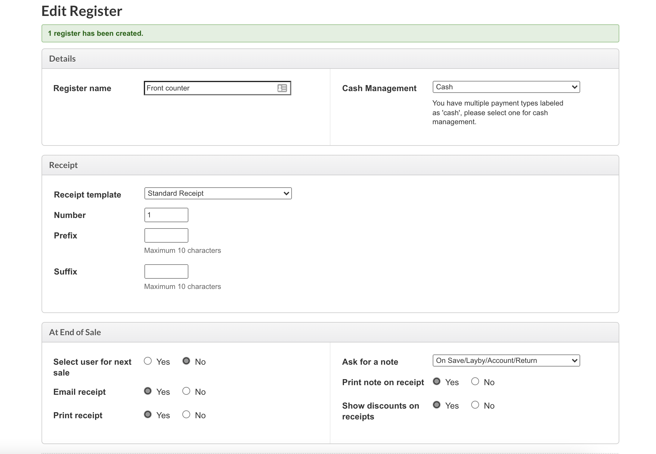 The register setup page showing the Edit Register input firelds to fill.