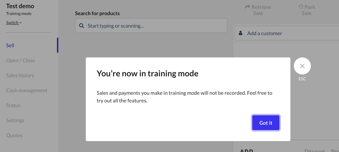 Training mode pop up with Got it confirmation button