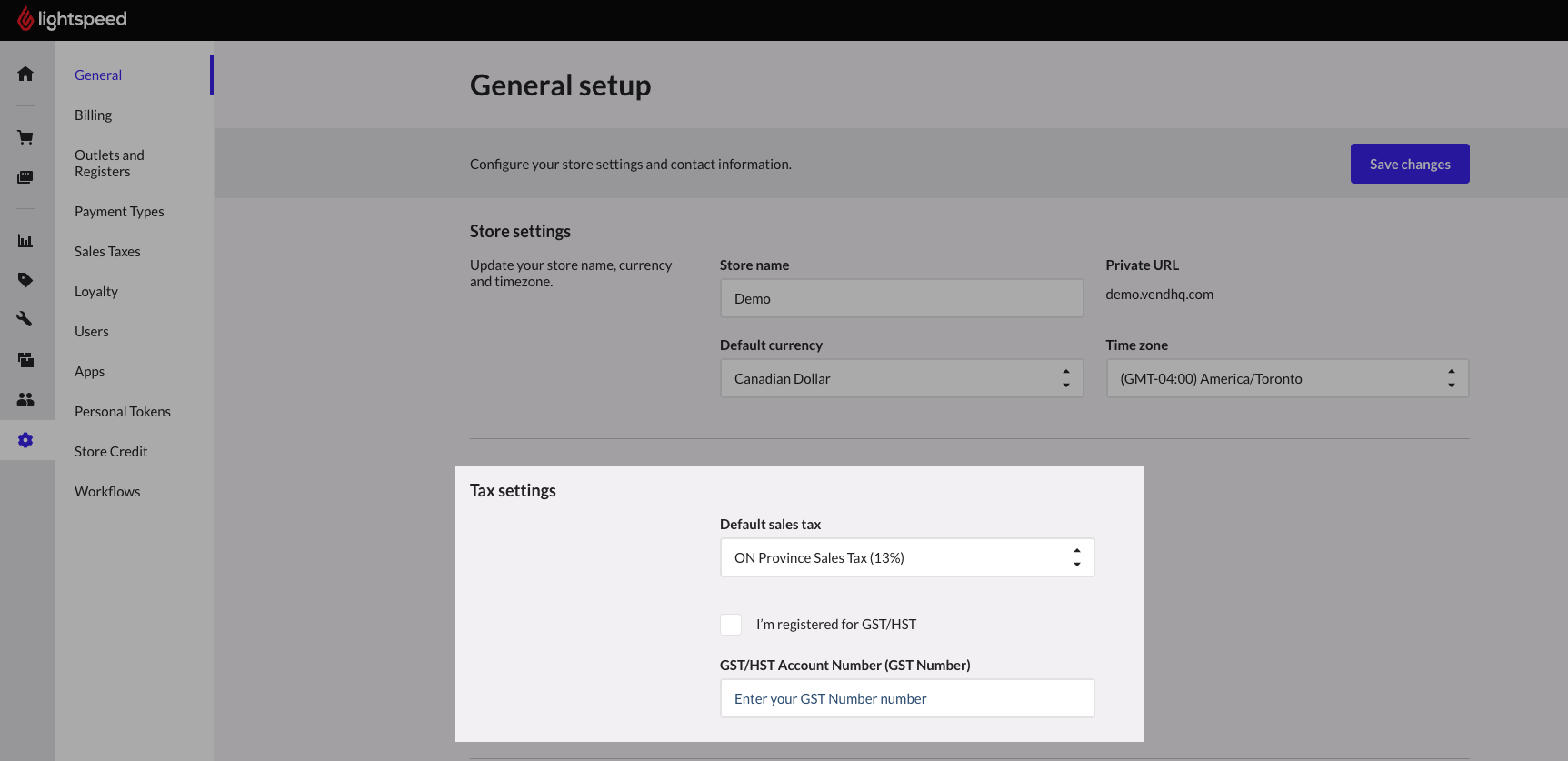 Tax settings section showing default sales tax and optional GST/HST options