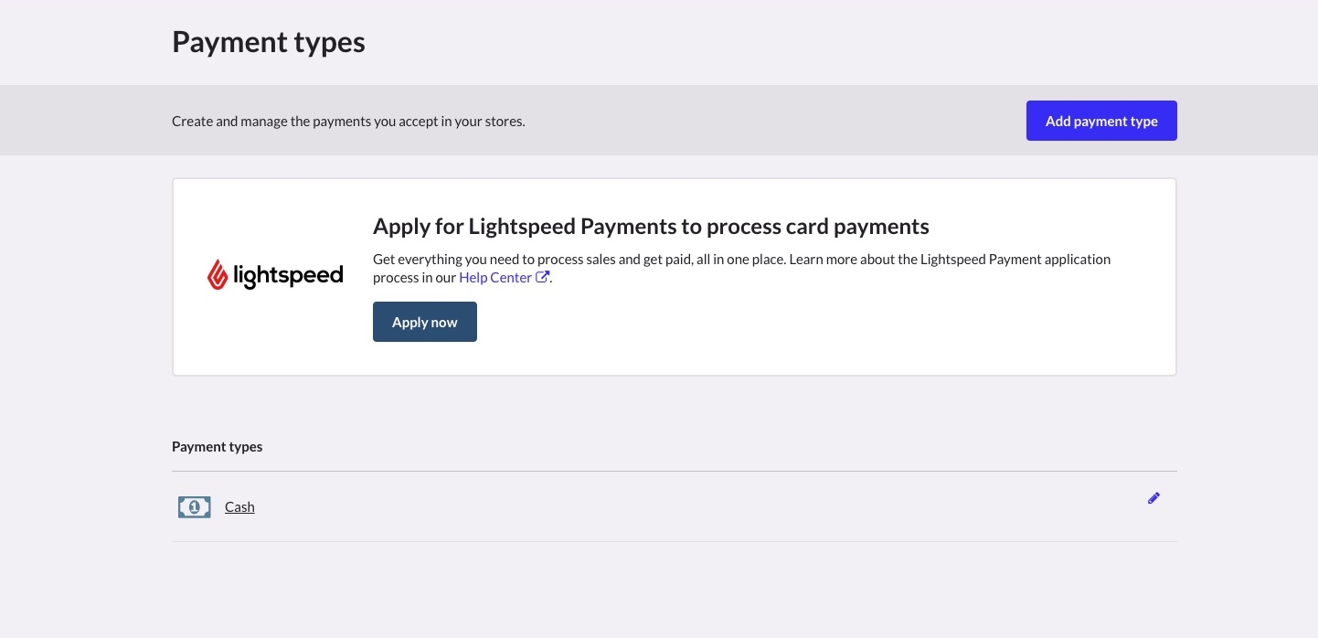 The Lightspeed Payments application banner on the Payment Types page