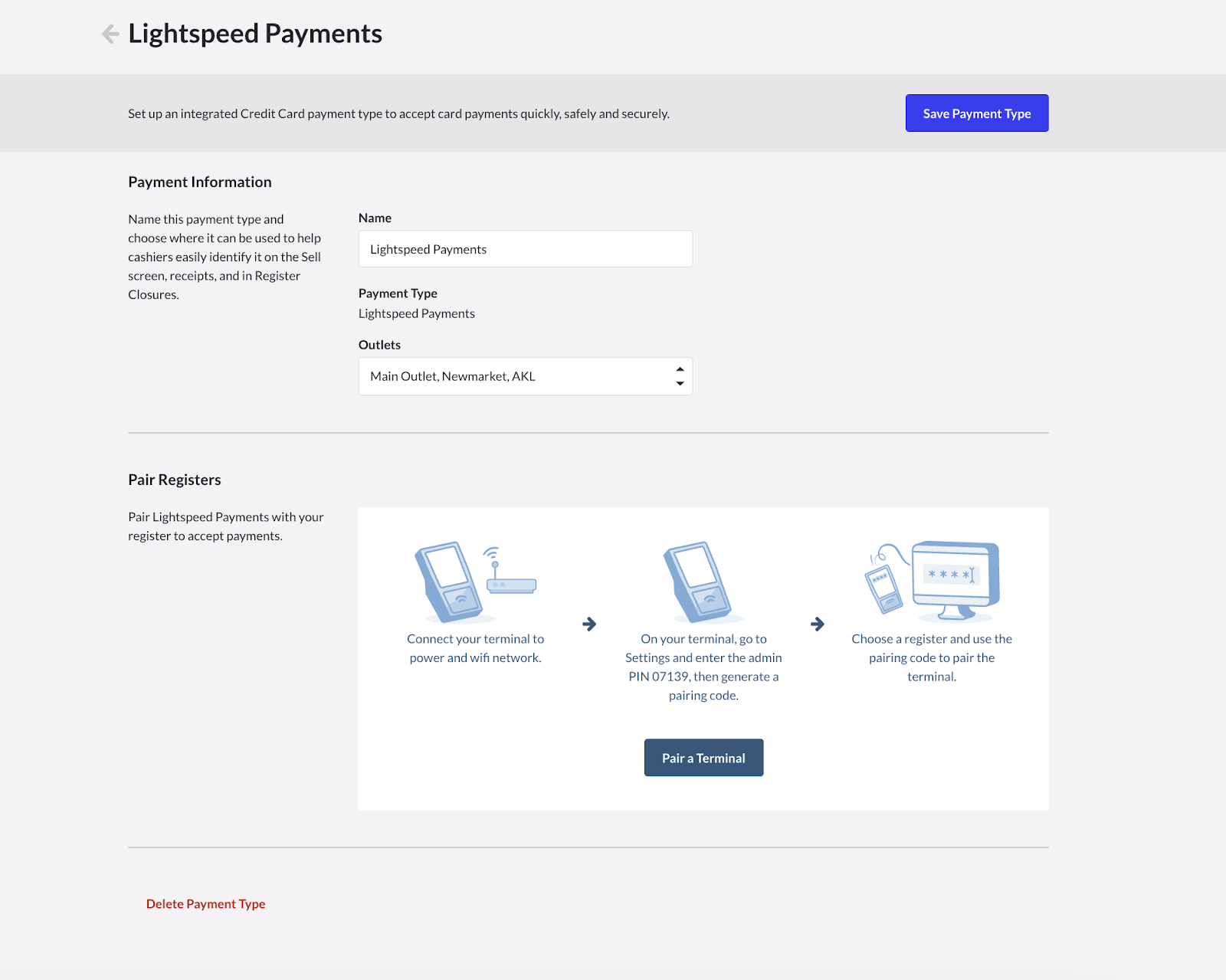 The Lightspeed Payments setup page in Retail POS