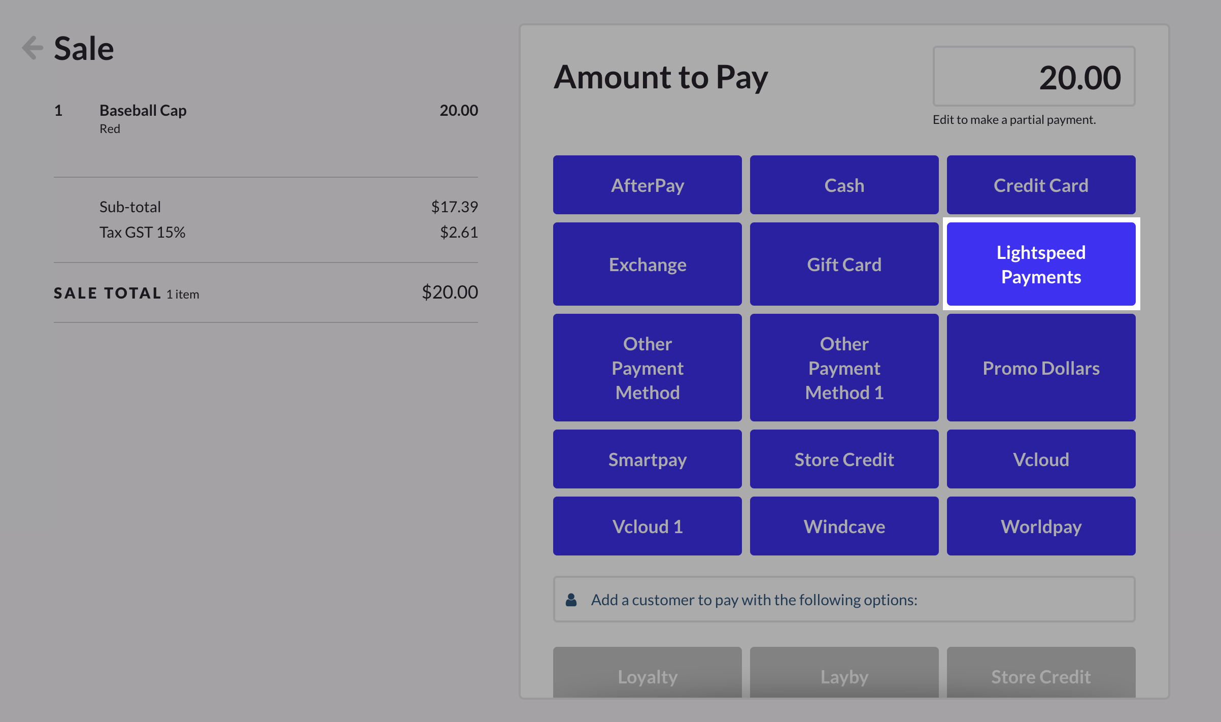 Image shows the payment screen of Lightspeed retail. The button titled Lightspeed Payments is highlighted.