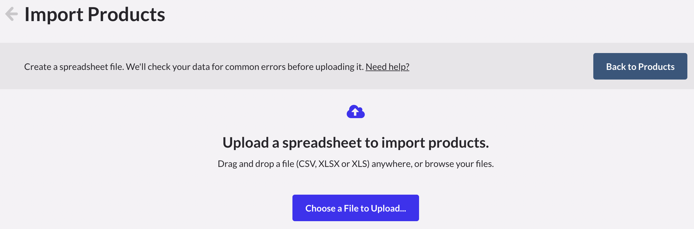 De pagina Producten importeren toont het gedeelte Een spreadsheet uploaden om producten te importeren en de knop daarvoor.