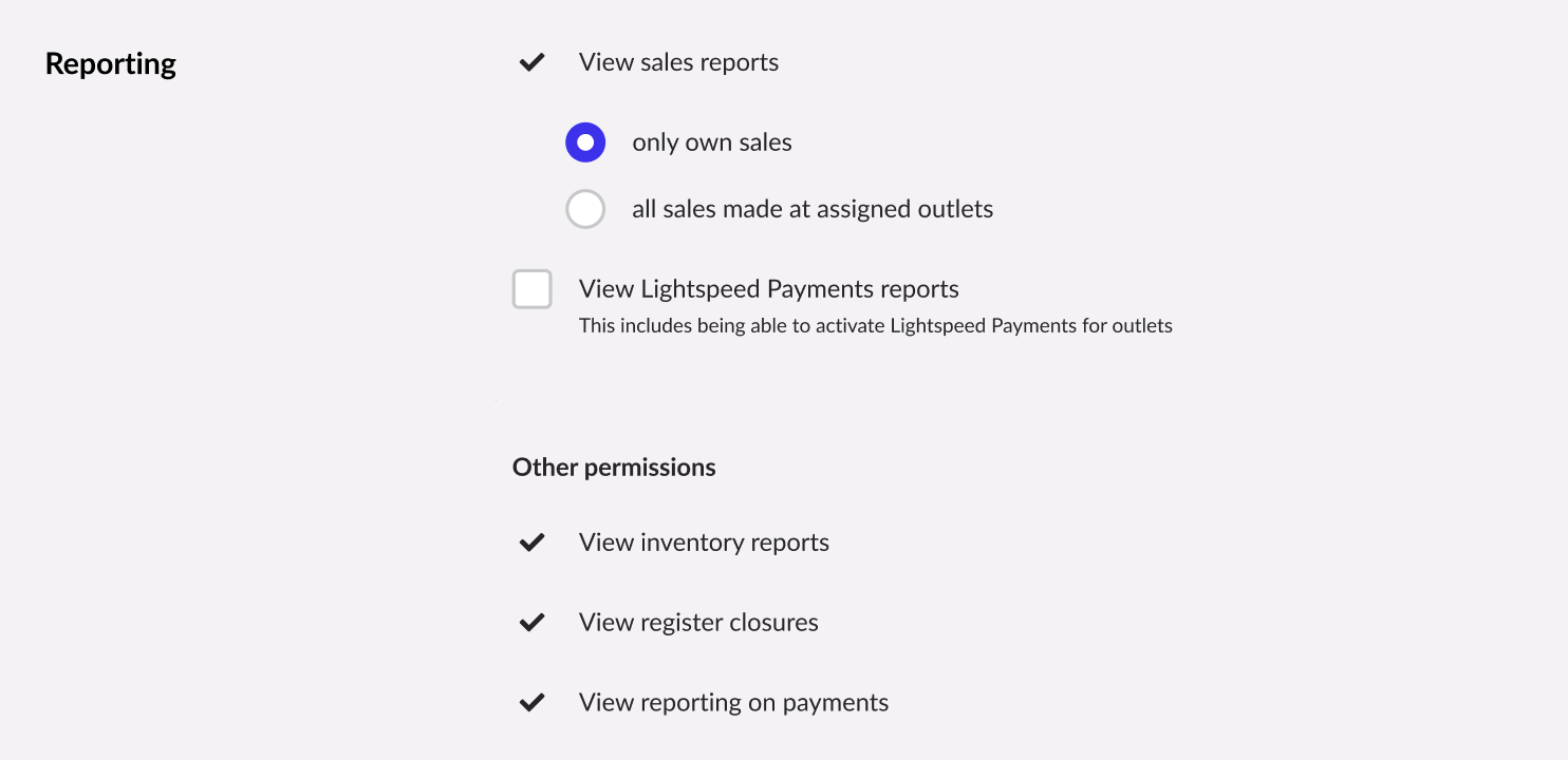 Het gedeelte Rapportage toont de opties Verkooprapporten weergeven en Lightspeed Payments-rapporten weergeven.