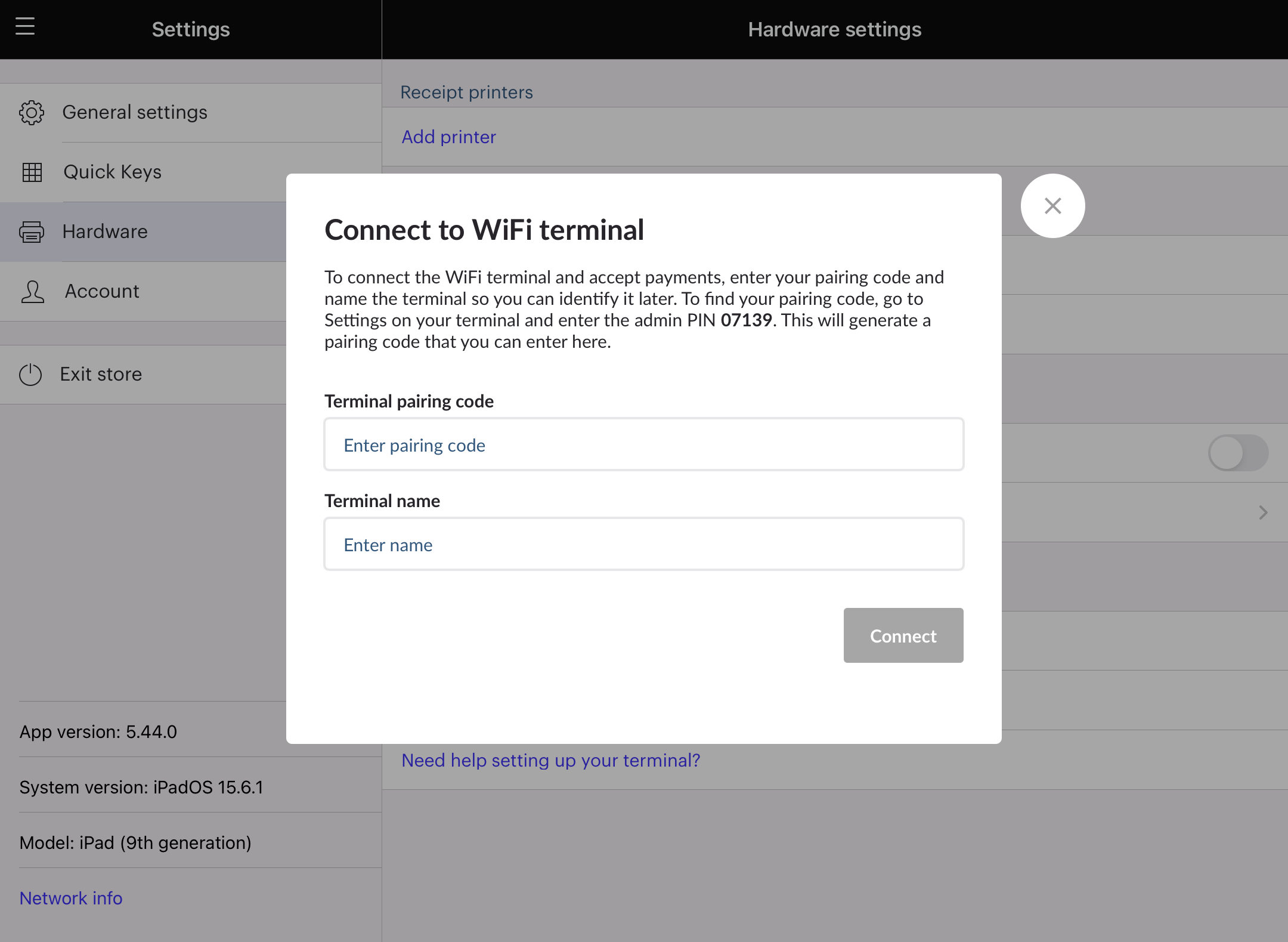 Connect to wifi terminal page with fields to enter terminal pairing code and terminal name.
